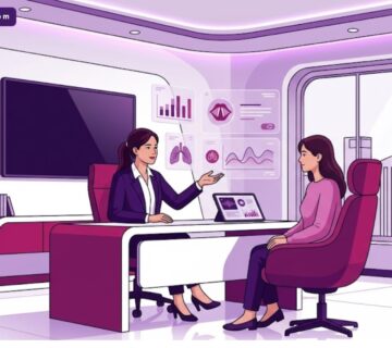 رسم توضيحي يظهر طبيباً يشرح لمريضة أسباب خشونة الصوت عند النساء في عيادة طبية حديثة 