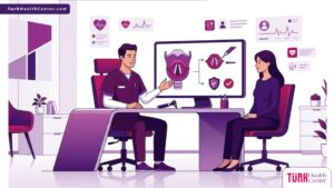 رسم توضيحي يوضح طبيب يشرح مدى أمان وهل عملية تجميل الصوت خطيرة للمريض في عيادة حديثة 