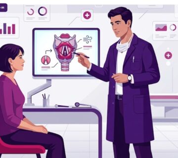 رسوم توضيحية لعيادة طبية حديثة يظهر فيها دكتور متخصص في الحبال الصوتية يشرح الإجراء الطبي لمريض 