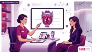 رسوم توضيحية لعيادة طبية حديثة تشرح إجراءات تجميل الصوت في تركيا مع طبيب مختص 