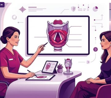 رسوم توضيحية لعيادة طبية حديثة تشرح إجراءات تجميل الصوت في تركيا مع طبيب مختص 