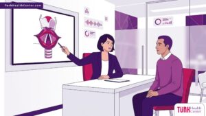 رسم توضيحي يظهر طبيب يشرح عملية تحسين طبقة الصوت في تركيا لمريض داخل عيادة طبية حديثة بأسلوب فيكتور راقي 