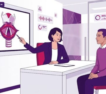 رسم توضيحي يظهر طبيب يشرح عملية تحسين طبقة الصوت في تركيا لمريض داخل عيادة طبية حديثة بأسلوب فيكتور راقي 