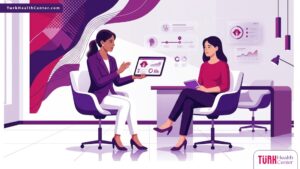 رسم توضيحي لطبيب يشرح للمريض متى يظهر نتيجة عملية تجميل الصوت داخل عيادة فاخرة 