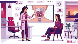 رسم توضيحي لاستشارة طبية حول عملية تنعيم الصوت في تركيا داخل عيادة فاخرة بألوان البنفسجي والمجنتيا 