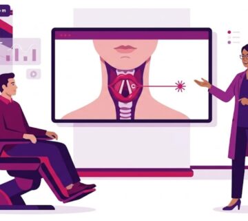 رسوم توضيحية لطبيب يشرح سعر عملية شد الحبال الصوتية بالليزر لمريض داخل عيادة حديثة ومتطورة 