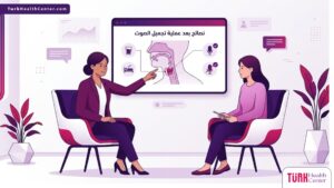 رسوم توضيحية لعيادة طبية حديثة تقدم نصائح بعد عملية تجميل الصوت للمريض 