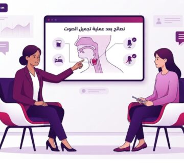 رسوم توضيحية لعيادة طبية حديثة تقدم نصائح بعد عملية تجميل الصوت للمريض 