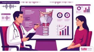 رسم توضيحي لطبيب يشرح تكلفة عملية تجميل الصوت في تركيا لمريض داخل عيادة فاخرة متخصصة 