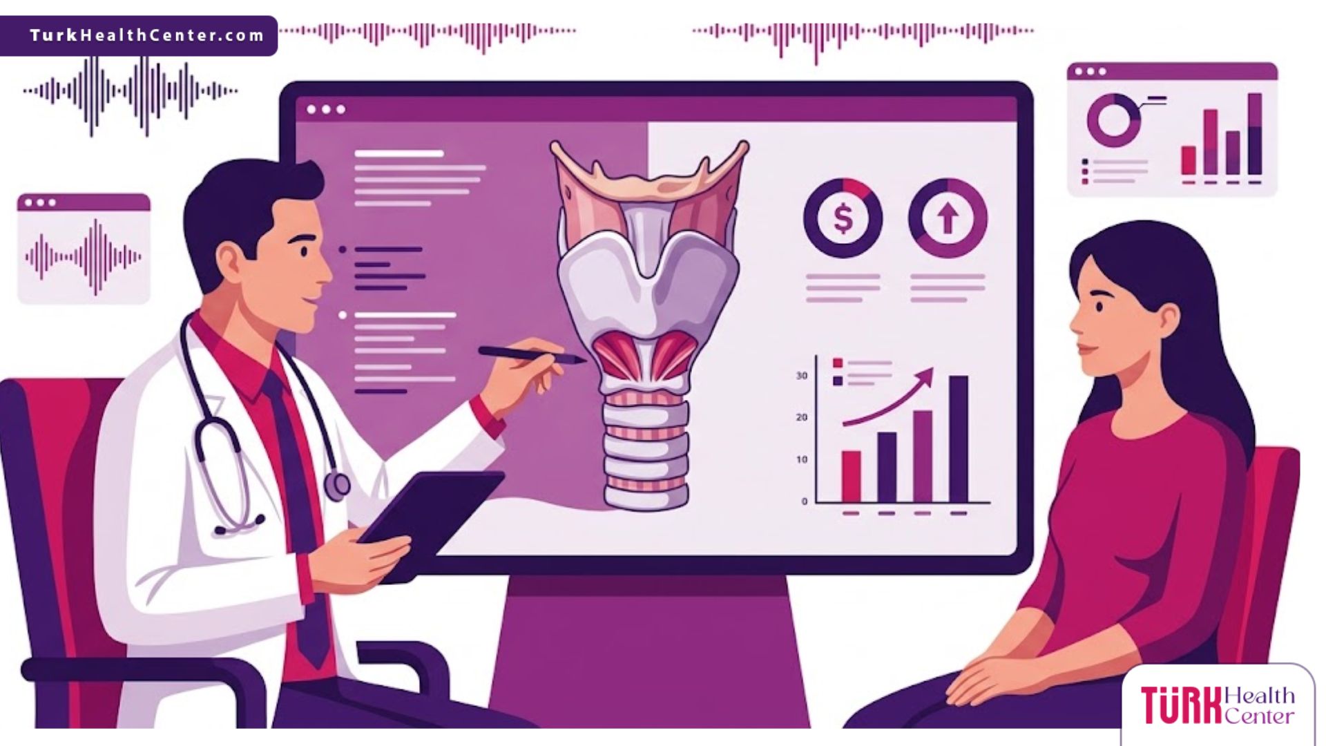 رسم توضيحي لطبيب يشرح تكلفة عملية تجميل الصوت في تركيا لمريض داخل عيادة فاخرة متخصصة 
