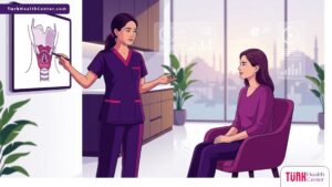 رسم توضيحي لطبيب يشرح عملية تجميل الحنجرة في تركيا لمريض داخل عيادة فاخرة 