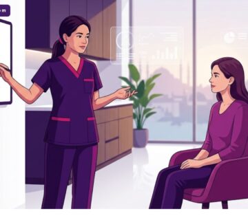 رسم توضيحي لطبيب يشرح عملية تجميل الحنجرة في تركيا لمريض داخل عيادة فاخرة 