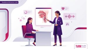 رسم توضيحي لطبيب يشرح أضرار عملية تجميل الصوت لمريض داخل عيادة حديثة بأسلوب فيكتور راقي 
