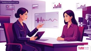 رسم توضيحي عصري يظهر طبيب يشرح تفاصيل سعر عملية تنعيم الصوت في تركيا لمريضة داخل عيادة فاخرة 