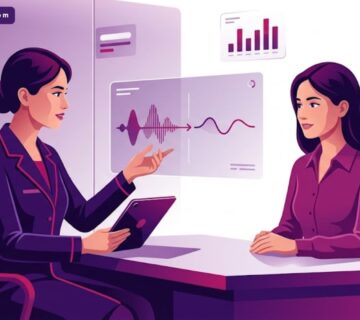 رسم توضيحي عصري يظهر طبيب يشرح تفاصيل سعر عملية تنعيم الصوت في تركيا لمريضة داخل عيادة فاخرة 
