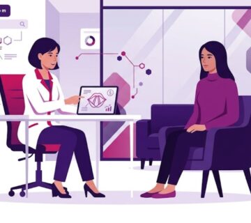 رسوم توضيحية فاخرة لطبيب يشرح تكلفة عملية تغيير الصوت للمتحولين لمريض في عيادة عصرية 