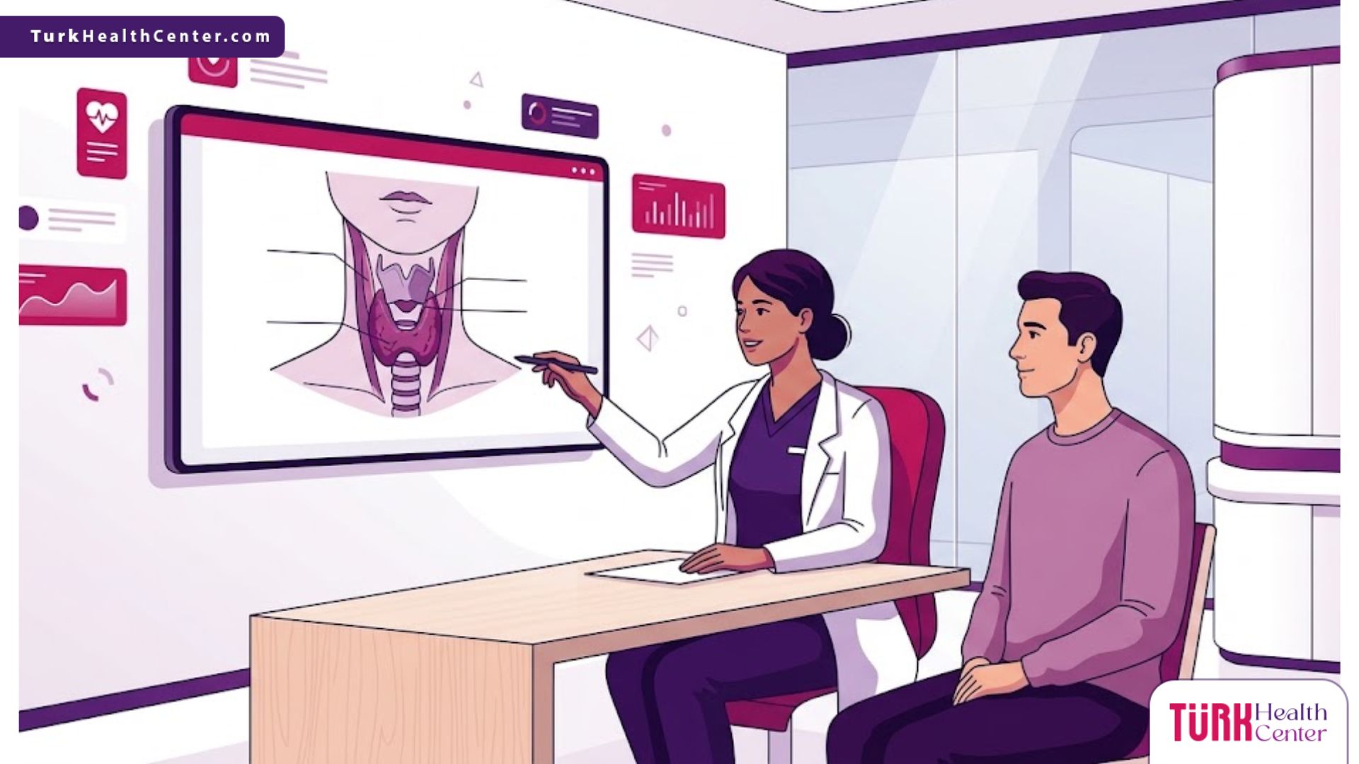 رسم توضيحي راقٍ لطبيب يشرح خطوات جراحة الحنجرة التجميلية في تركيا لمريض داخل عيادة حديثة 