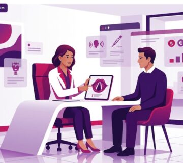 رسم توضيحي يظهر طبيب يشرح أسعار جراحة الحبال الصوتية في تركيا لمريض داخل عيادة فاخرة 
