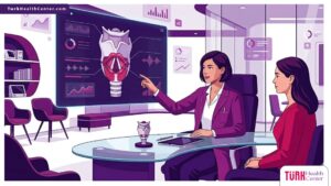 رسوم توضيحية فنية (Vector) لطبيب يشرح أسعار تجميل الصوت في تركيا لمريض داخل عيادة فاخرة 