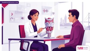 رسم توضيحي يظهر طبيب يشرح عملية تغيير طبقة الصوت في تركيا لمريض داخل عيادة فاخرة 