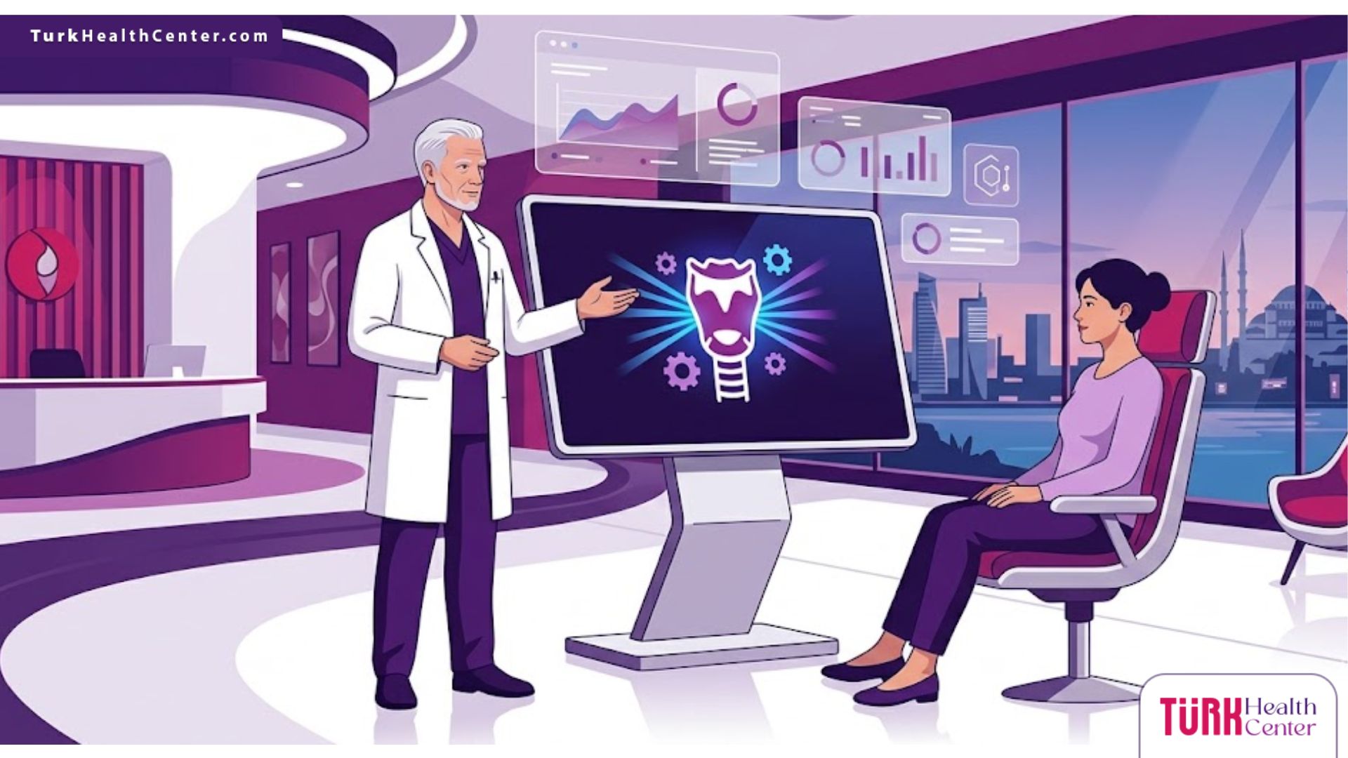 رسم توضيحي يظهر طبيب يشرح عملية تجميل الصوت بالليزر في تركيا لمريض داخل عيادة عصرية فخمة 