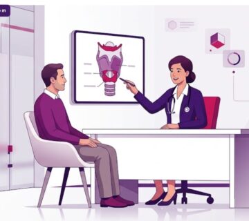 رسوم توضيحية حديثة لطبيب يشرح إجراءات العلاج في أفضل مستشفى لعمليات الصوت للمريض 