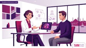 رسم توضيحي يظهر طبيب يشرح تفاصيل عمليات الحبال الصوتية في تركيا لمريض في عيادة فاخرة 