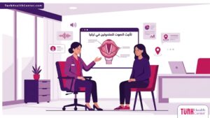 رسم توضيحي يظهر طبيب يشرح عملية تأنيث الصوت للمتحولين في تركيا داخل عيادة طبية حديثة 