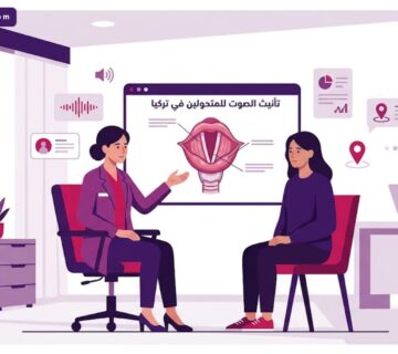 رسم توضيحي يظهر طبيب يشرح عملية تأنيث الصوت للمتحولين في تركيا داخل عيادة طبية حديثة 