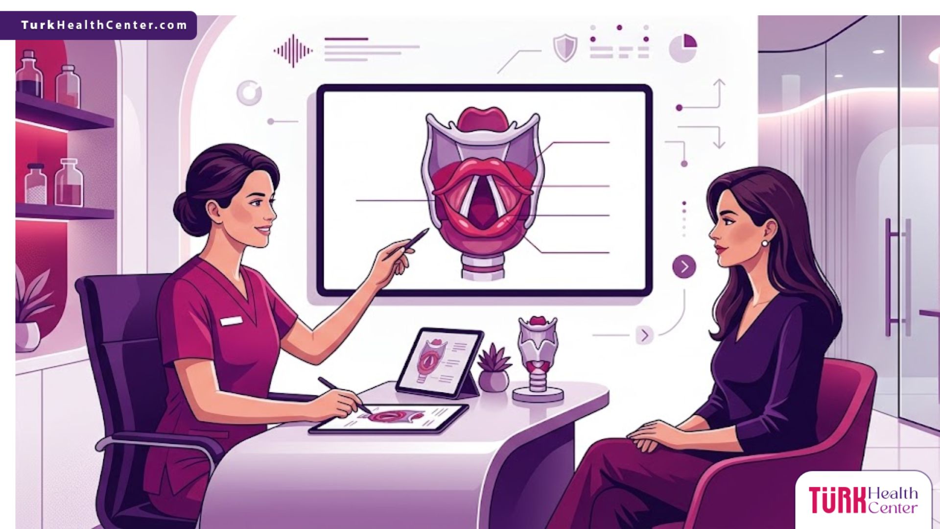 رسوم توضيحية لعيادة طبية حديثة تشرح إجراءات تجميل الصوت في تركيا مع طبيب مختص 