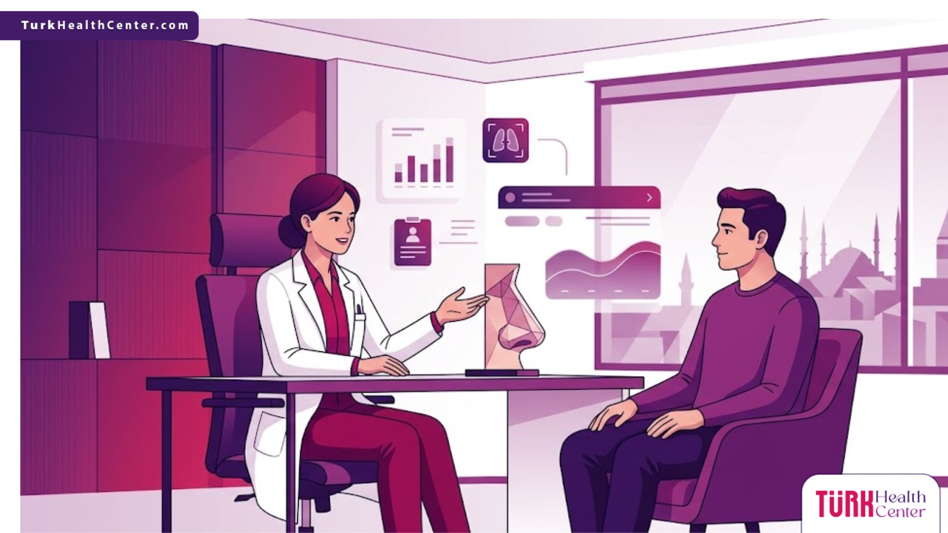 رسوم توضيحية لعيادة حديثة تشرح خطوات تجميل الأنف والجيوب الأنفية في تركيا للمرضى