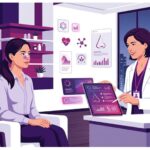 رسم توضيحي عصري يظهر طبيبًا يقدم نصائح بعد عملية تجميل الأنف لمريض في عيادة فاخرة بألوان أرجوانية 