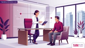 رسم توضيحي لعيادة حديثة يبرز إجراءات ترخيص عيادات التجميل في تركيا