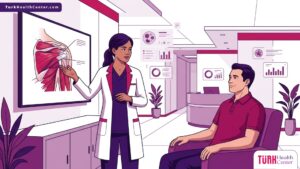 رسم توضيحي متقدم لطبيب يشرح خطوات ترميم الأنسجة الضامة جراحياً لمريض في عيادة طبية حديثة 