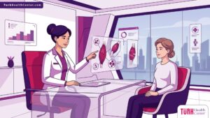 طبيب يشرح تفاصيل إجراءات ترميم الأنسجة العضلية التجميلي للمريض داخل عيادة طبية فاخرة 
