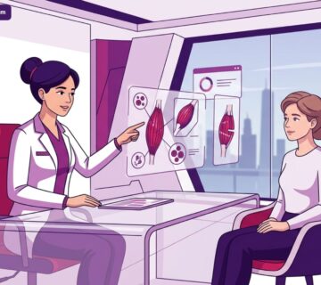 طبيب يشرح تفاصيل إجراءات ترميم الأنسجة العضلية التجميلي للمريض داخل عيادة طبية فاخرة 