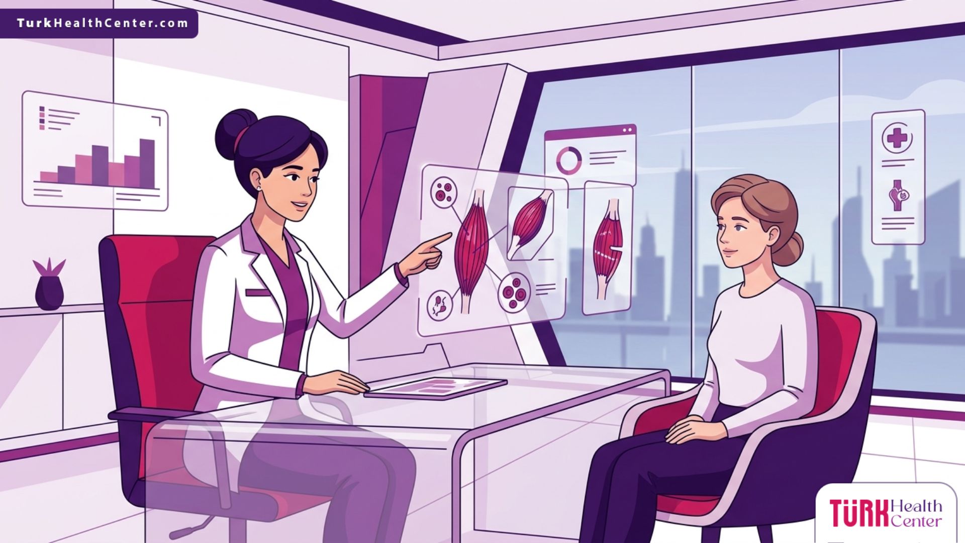 طبيب يشرح تفاصيل إجراءات ترميم الأنسجة العضلية التجميلي للمريض داخل عيادة طبية فاخرة 
