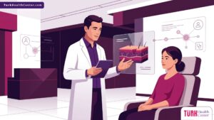 رسم توضيحي طبي حديث يظهر طبيباً يشرح تفاصيل عملية ترميم الأنسجة بعد عضات الحيوانات لمريض داخل عيادة فاخرة 