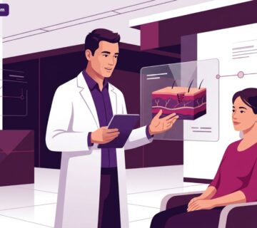 رسم توضيحي طبي حديث يظهر طبيباً يشرح تفاصيل عملية ترميم الأنسجة بعد عضات الحيوانات لمريض داخل عيادة فاخرة 
