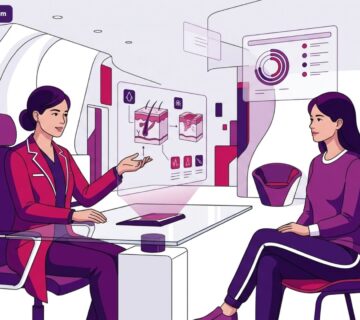 رسم توضيحي متطور يظهر طبيباً يشرح خطوات ترميم الندبات الناتجة عن الحروق لمريض داخل عيادة طبية حديثة 