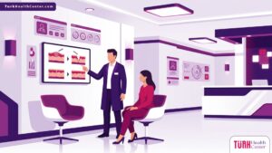 رسم توضيحي يظهر طبيب تجميل يشرح خطوات تصحيح الندبات البارزة جراحياً لمريض في عيادة طبية حديثة 