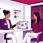 رسم توضيحي يظهر طبيباً يشرح للمريضة مخاطر تكبير الصدر في تركيا في عيادة تجميل حديثة 