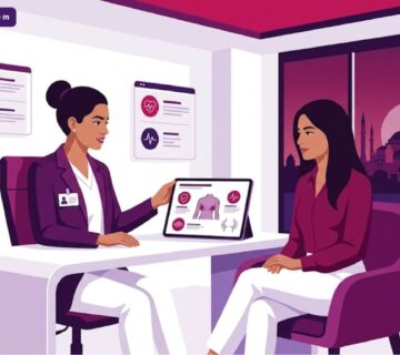 رسم توضيحي يظهر طبيباً يشرح للمريضة مخاطر تكبير الصدر في تركيا في عيادة تجميل حديثة 