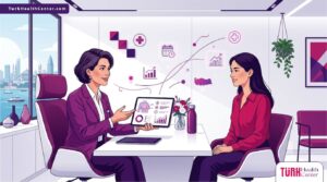 رسم توضيحي يوضح استشارة طبية داخل عيادة تجميل متطورة لمناقشة تكلفة تكبير الصدر في تركيا 
