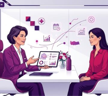 رسم توضيحي يوضح استشارة طبية داخل عيادة تجميل متطورة لمناقشة تكلفة تكبير الصدر في تركيا 