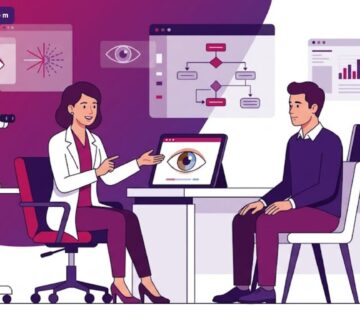 رسم توضيحي ناقل عالي الجودة يُظهر طبيبًا محترفًا يشرح للمريض الإجراءات المتعلقة بعملية تغيير لون العين الى الازرق داخل عيادة طبية حديثة وفخمة 