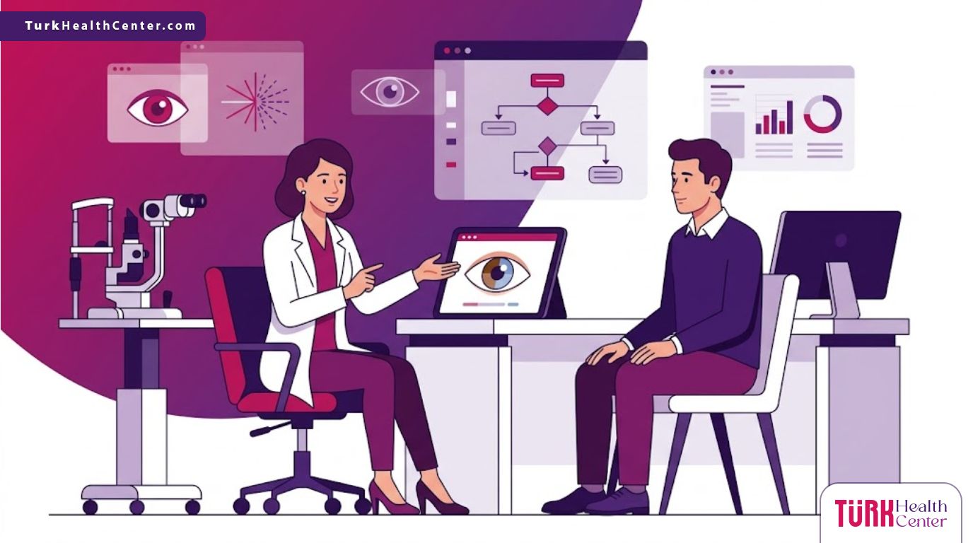 رسم توضيحي ناقل عالي الجودة يُظهر طبيبًا محترفًا يشرح للمريض الإجراءات المتعلقة بعملية تغيير لون العين الى الازرق داخل عيادة طبية حديثة وفخمة 