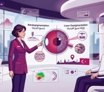 رسوم توضيحية حديثة لعيادة طبية متخصصة في تغيير لون قزحية العين في تركيا تظهر طبيباً يشرح الإجراء للمريض 