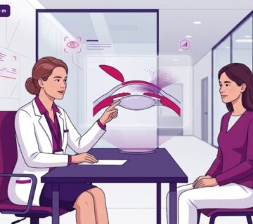 رسم توضيحي يظهر طبيباً يشرح تقنية الفيمتو ليزك لتلوين القرنية للمريض داخل عيادة عيون فاخرة بأسلوب فيكتور عصري 