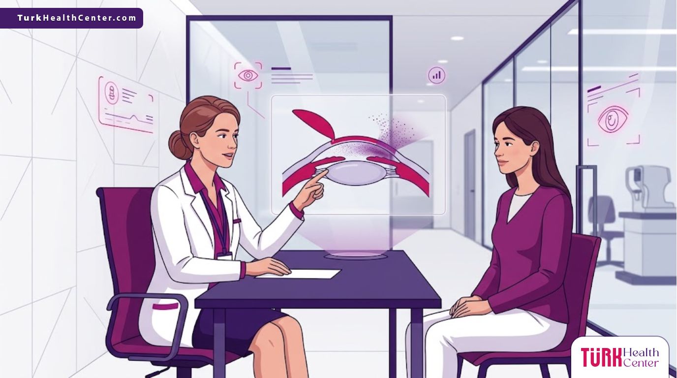 رسم توضيحي يظهر طبيباً يشرح تقنية الفيمتو ليزك لتلوين القرنية للمريض داخل عيادة عيون فاخرة بأسلوب فيكتور عصري 